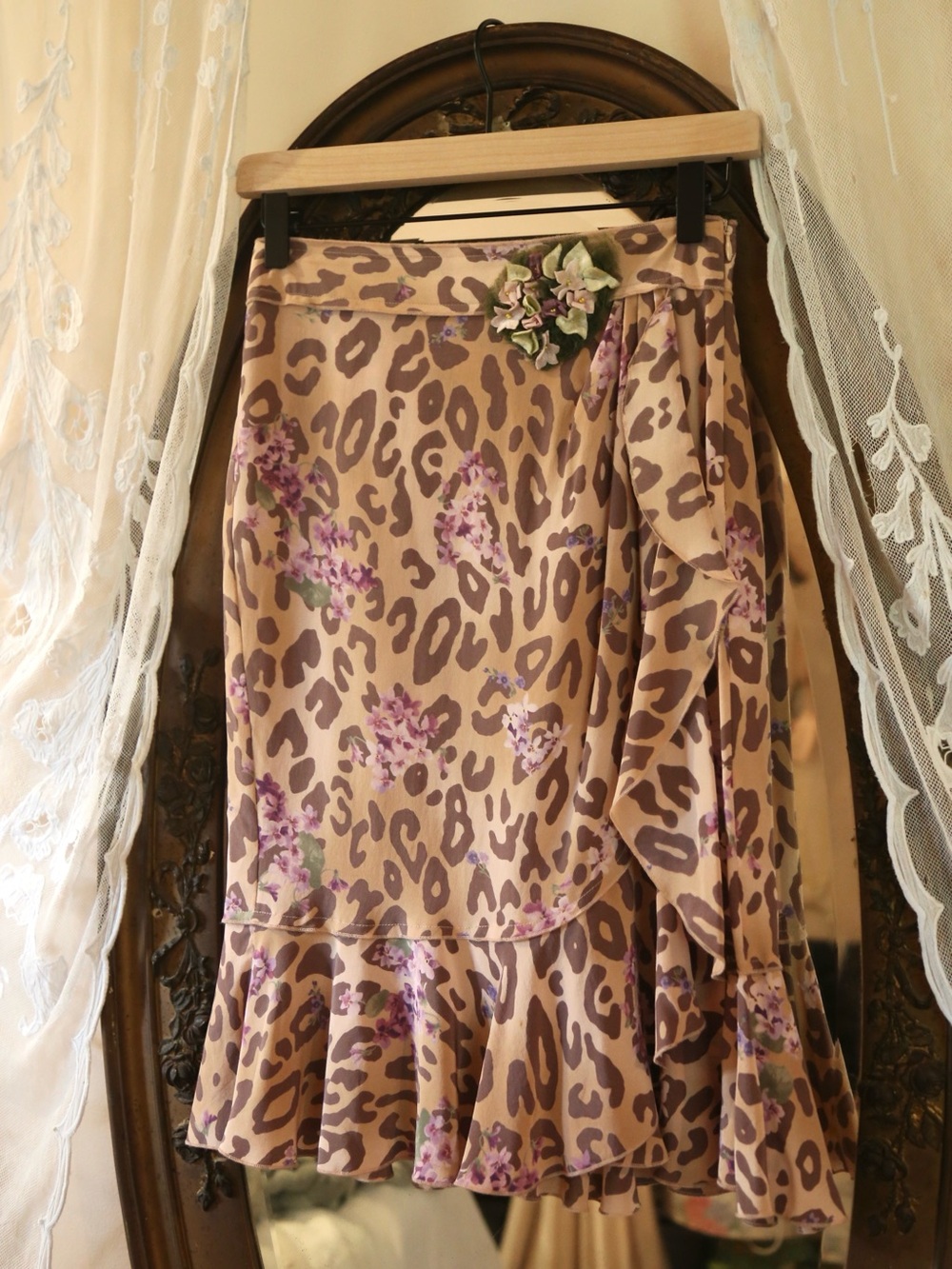 Vintage Y2K Blumarine RARE Violet and Leopard Print Silk Ruffle Skirt
